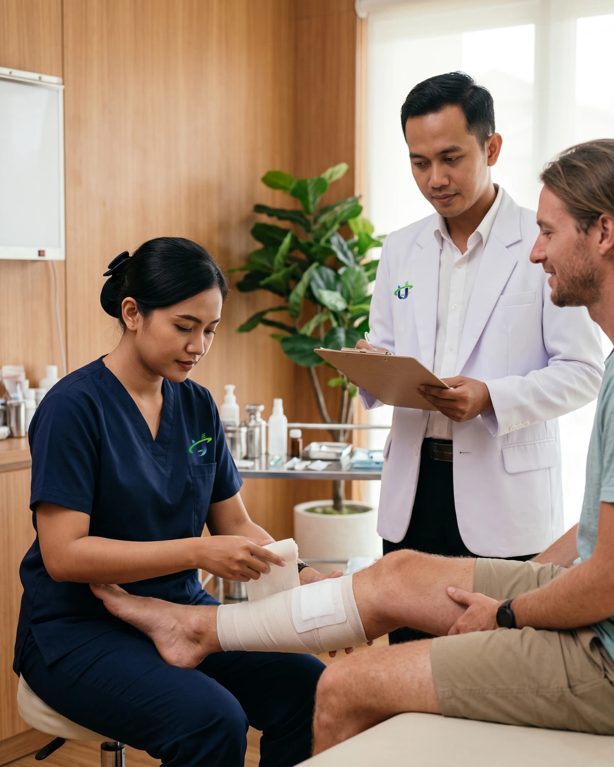 Indonesian nurse bandaging a tourist patient's leg while an Indonesian doctor reviews notes at Unicare Clinic Labuan Bajo